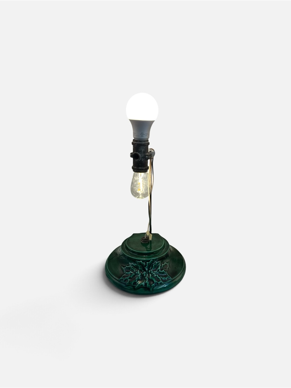 Vintage Large Ceramic Christmas Tree Light Base 12.75” Dual Socket Green Holly